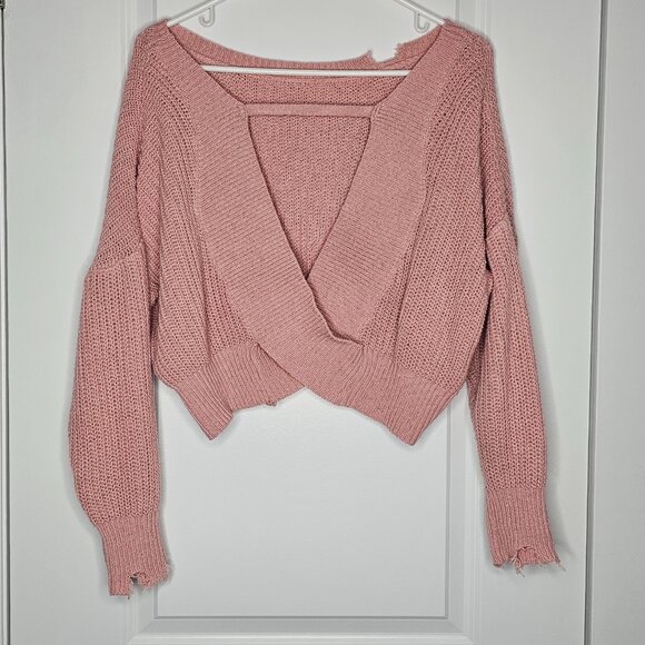 Women's Pink Cropped Distressed Knit Sweater, Size S - Picture 10 of 16